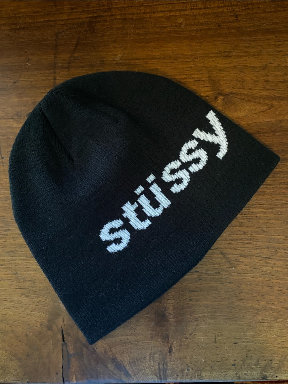 🆕 Stüssy Helvetica Jacquard Beanie Black with white logo NWOT